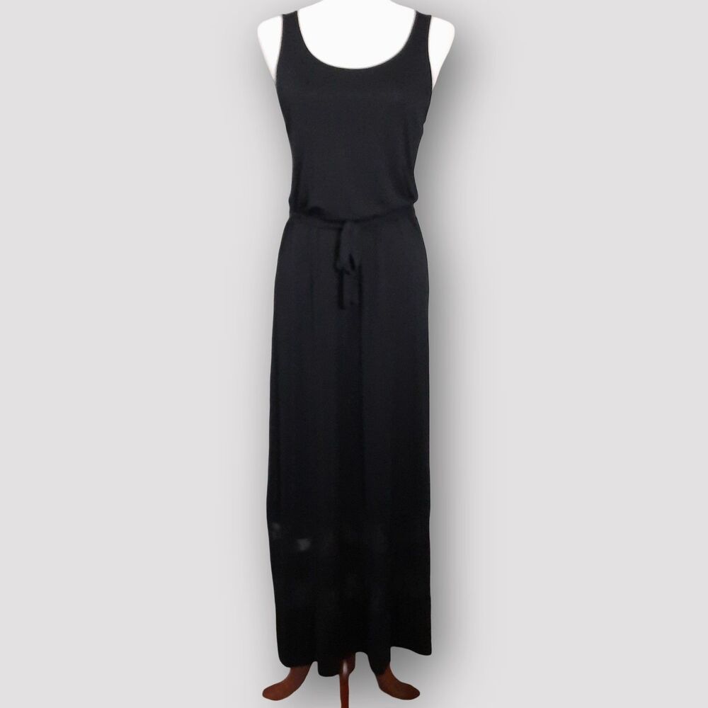 Kensie Black Dress SZ Small Maxi Sheer Lace Panels Belted Sleeveless Wide Straps